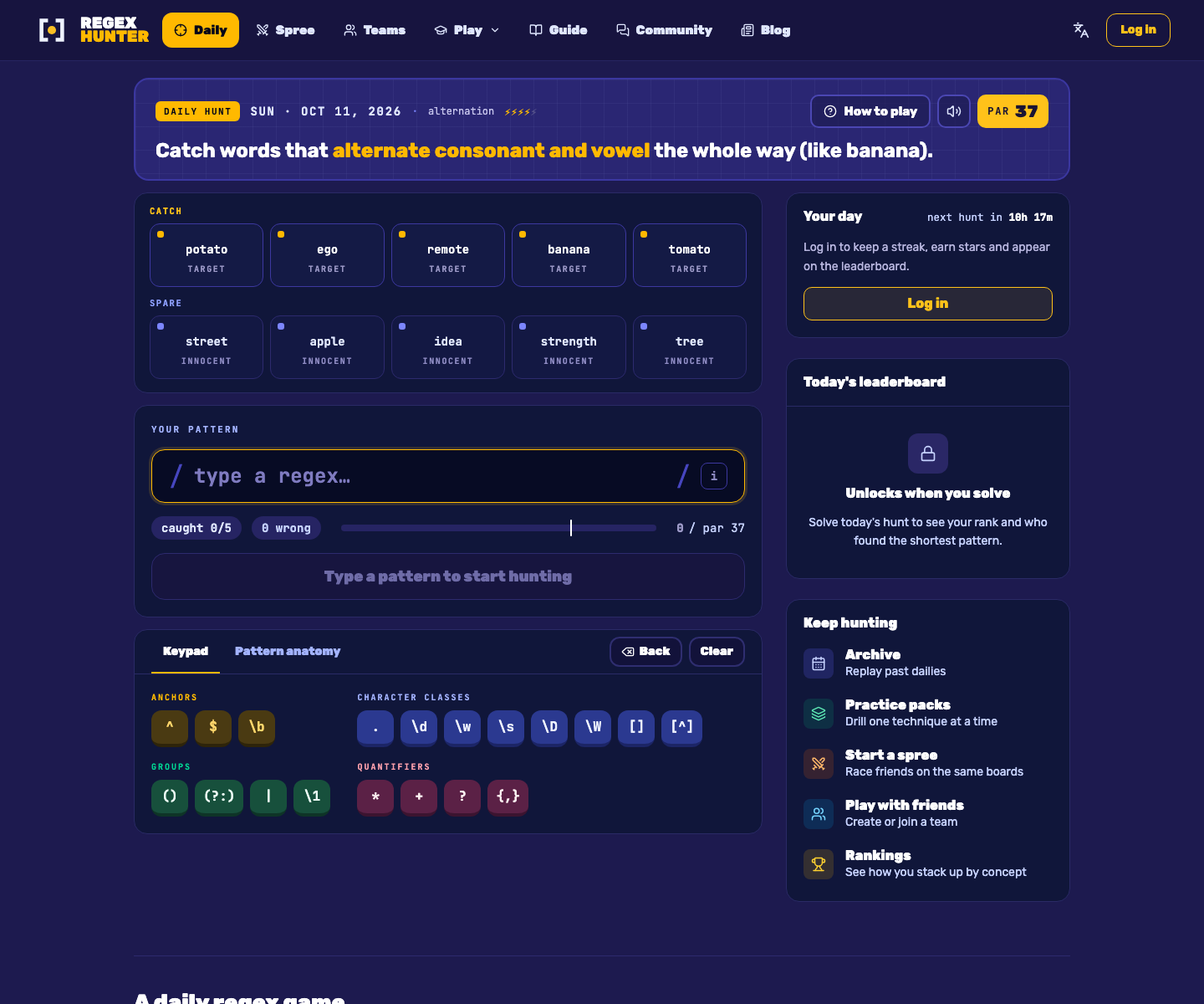 Regex Hunter unsolved daily board with CATCH and SPARE word lists, an empty pattern field and par indicator