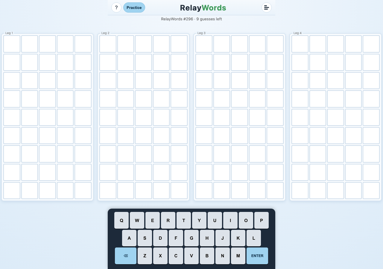 Empty four-board RelayWords daily puzzle with its quadrant keyboard and nine guesses left.