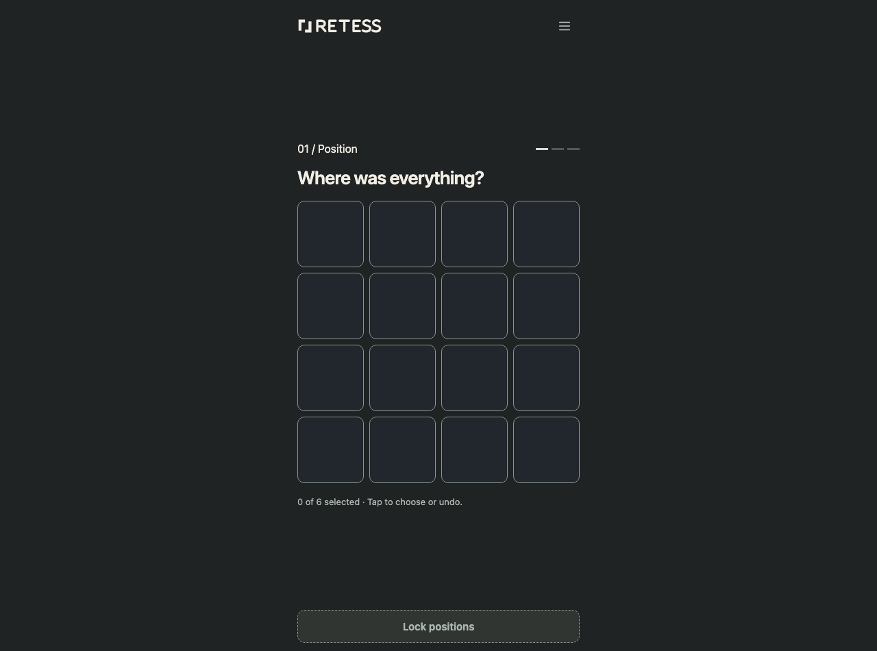 RETESS position stage with an empty four-by-four grid, zero of six cells selected and a disabled Lock positions button.