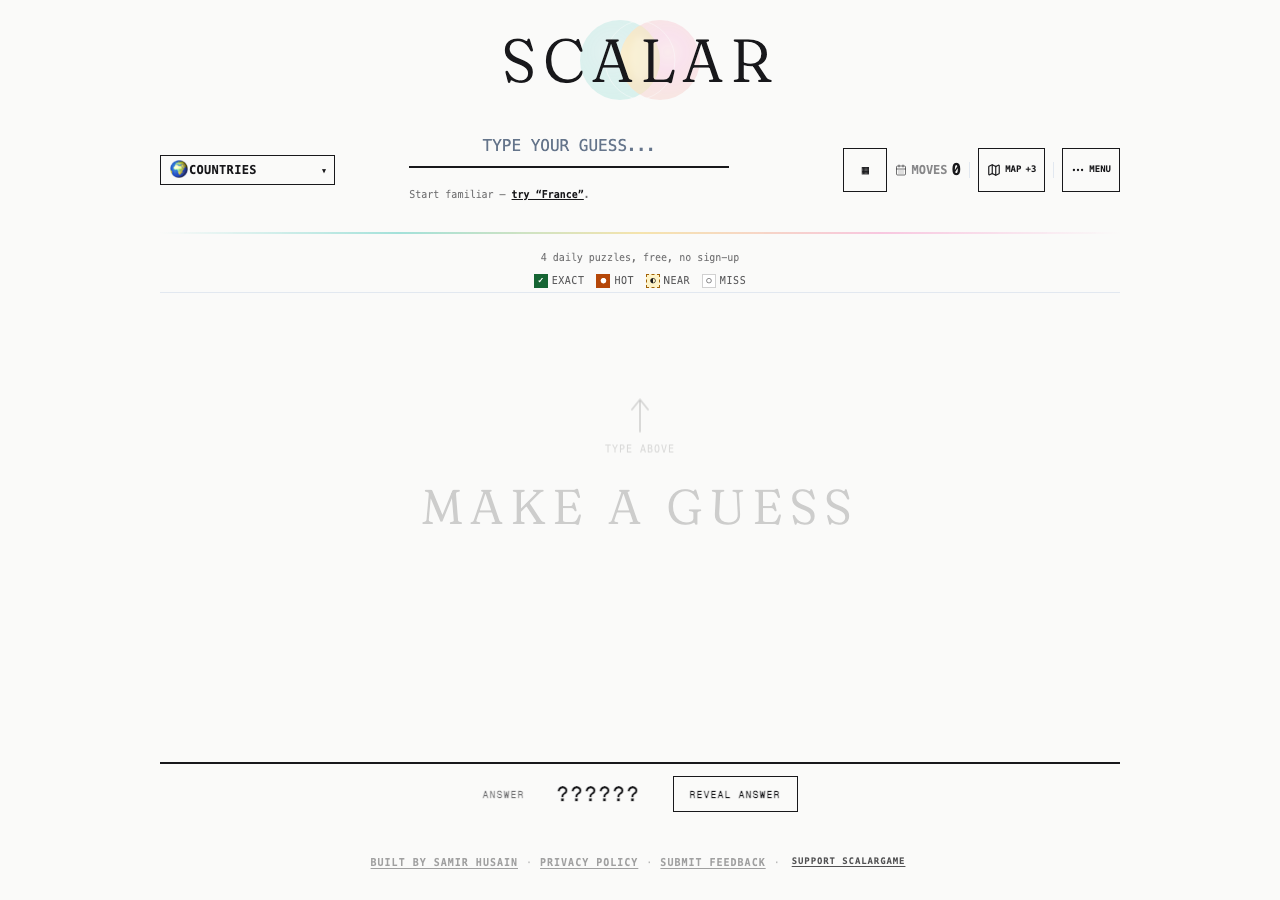 Scalar Countries mode before a guess, with the country search, feedback legend and hidden answer.