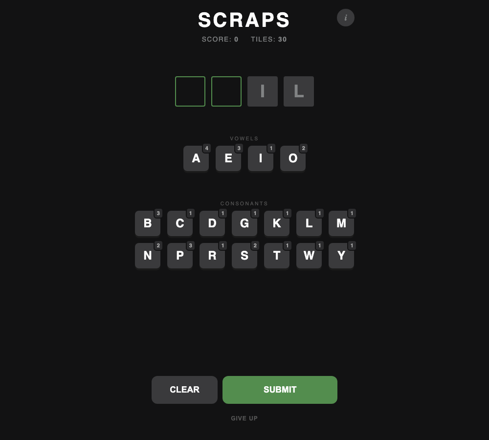 Unsolved Scraps board with two empty slots, fixed I and L, letter tile counts, Clear and Submit controls.