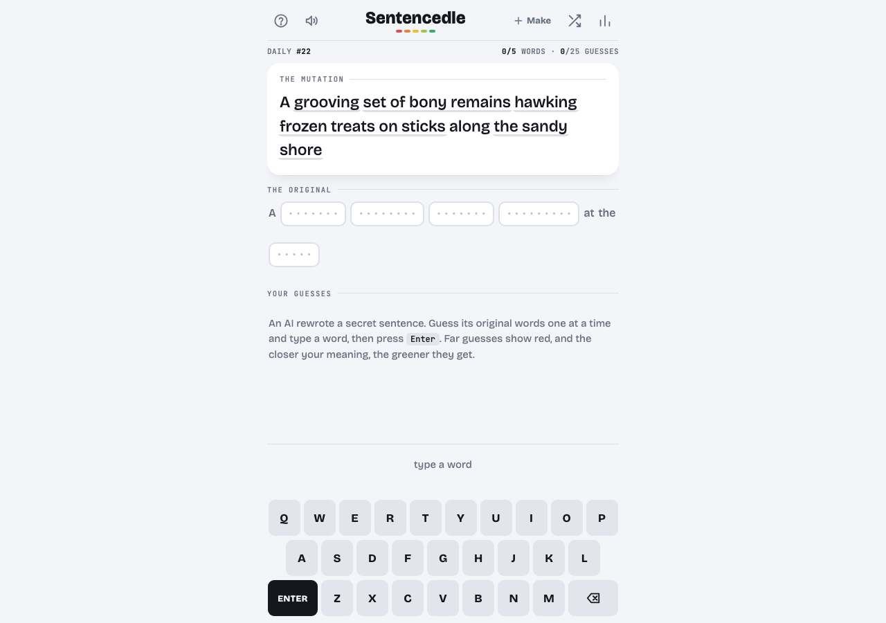 Unsolved Sentencedle Daily #22 with its mutation clue, five hidden-word slots, zero guesses and the complete on-screen keyboard.