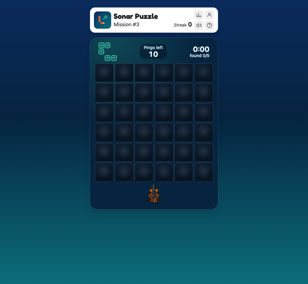 Sonar Puzzle Mission #3 with a closed six-by-six ocean grid, ten pings left and zero of five submarines found