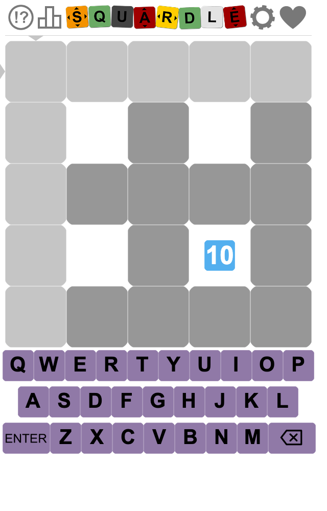 Unplayed Squardle with an empty interlocking five-by-five word grid, ten guesses remaining, and a complete purple on-screen keyboard.