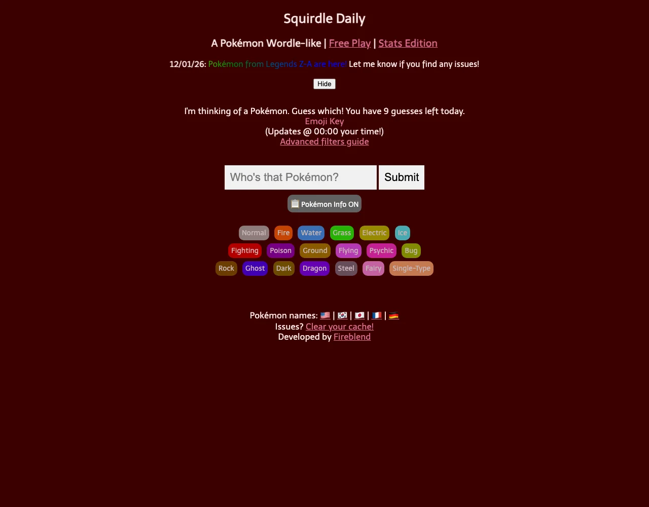 Squirdle Daily’s unsolved official page with nine guesses remaining, a blank Pokémon name field, Submit button and colored type filters.