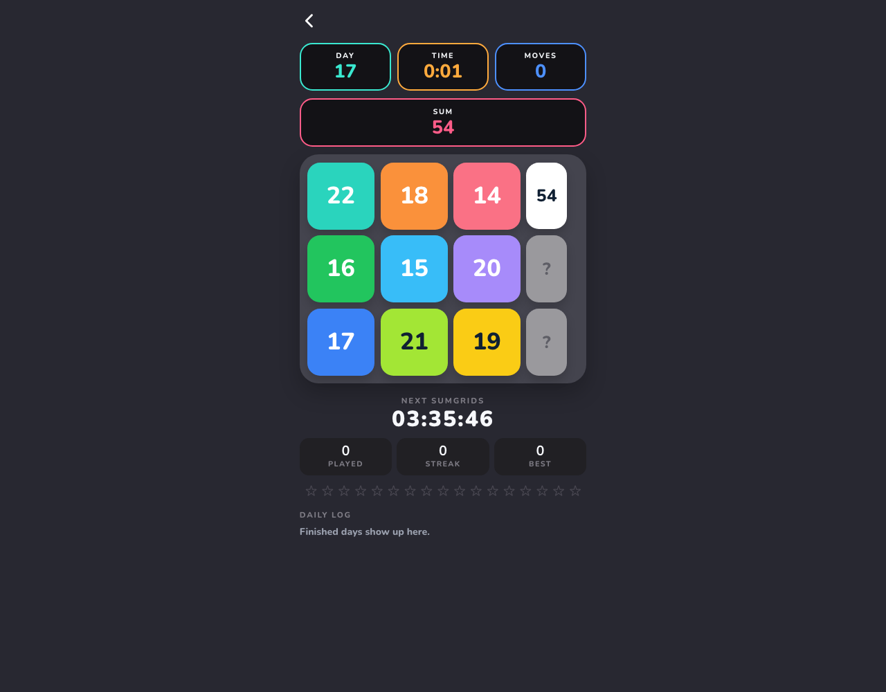 SumGrids Day 17 at zero moves, showing a colorful unsolved three-by-three number board, target sum 54, row-total feedback and the next-grid countdown.