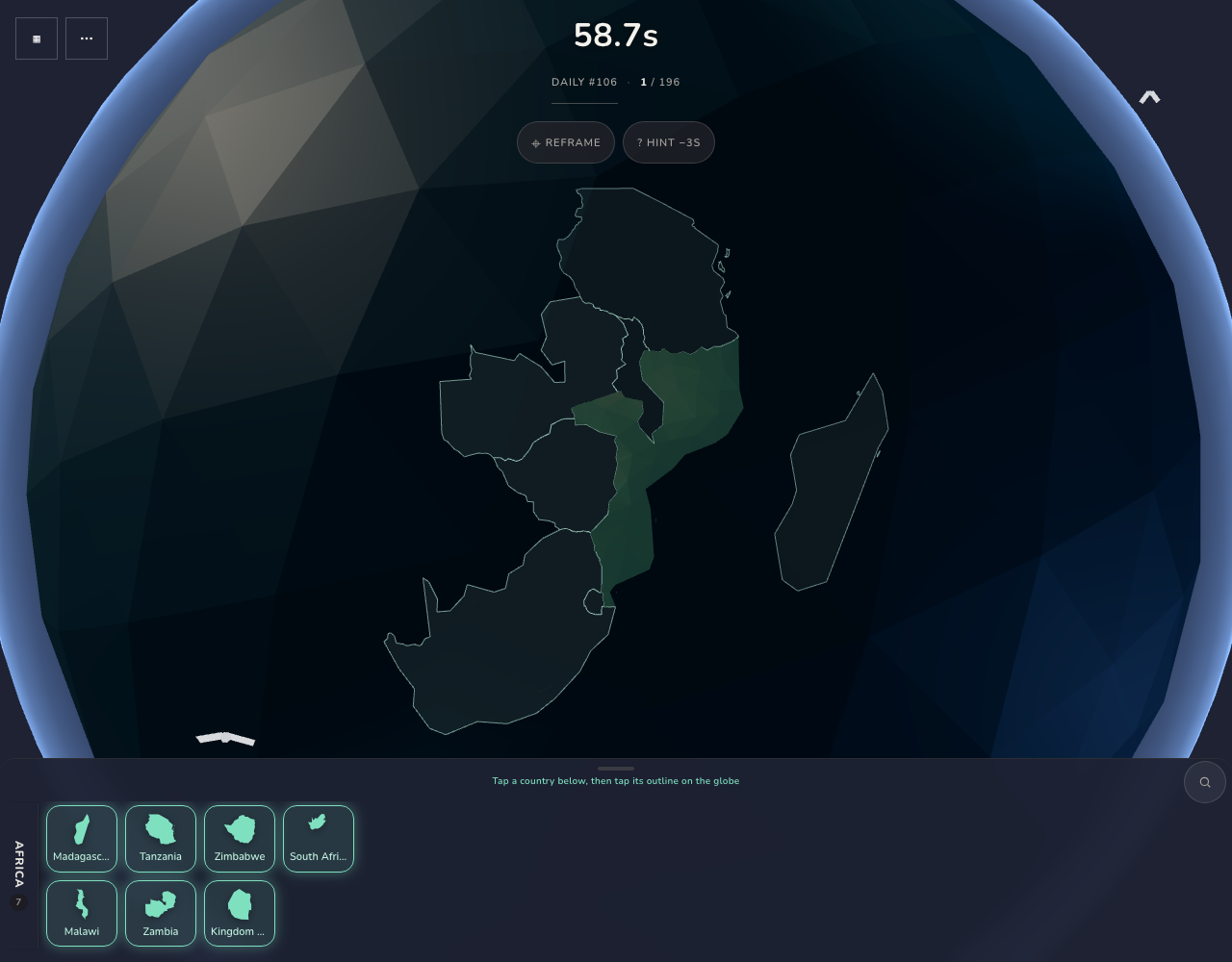 Unsolved Tectonic daily globe with its starting country, empty neighboring outlines and country-shape drawer.