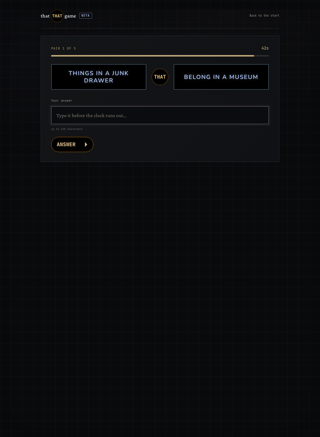 That THAT Game showing the first category pair of its daily set, a running timer and an empty answer box