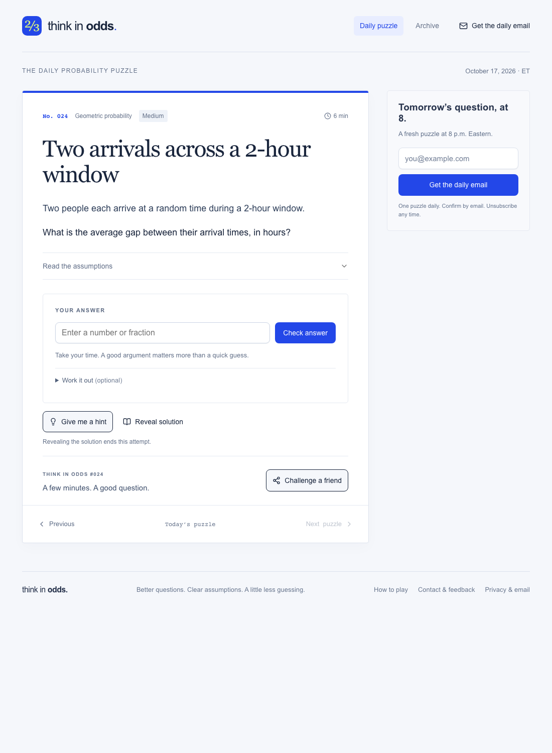 Think in Odds displaying an unanswered probability question with an empty answer field, assumptions, hint and solution controls