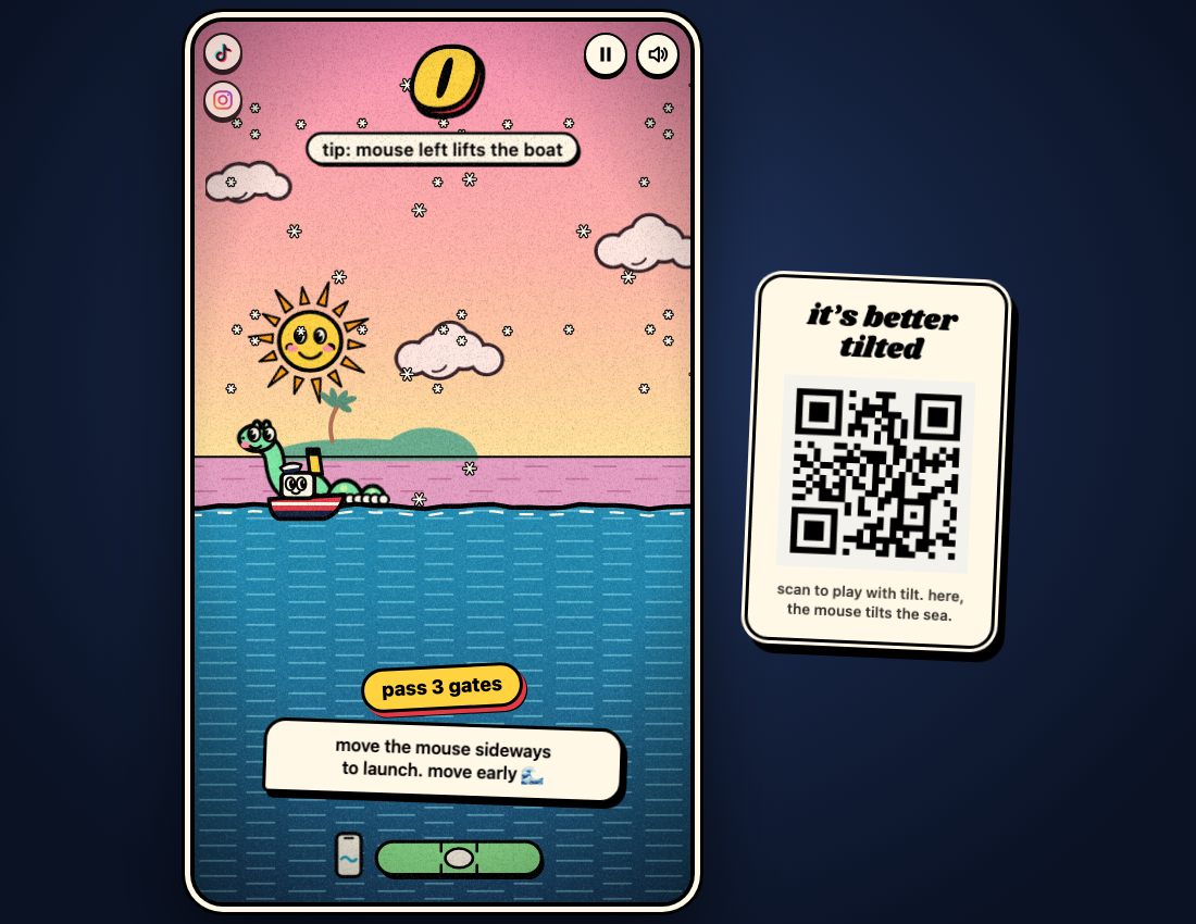Tiltanic at zero gates before launch, with a small boat on the sea, sideways mouse instructions and a tilt indicator.