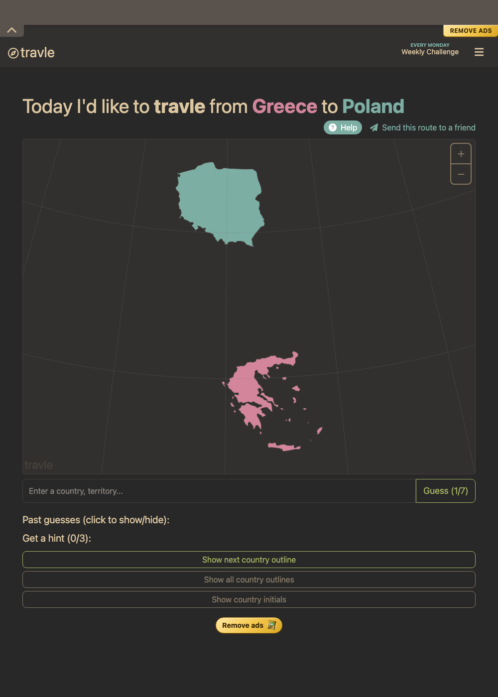 Travle unsolved daily route from Greece to Poland, showing the endpoint map, empty country field and hint controls