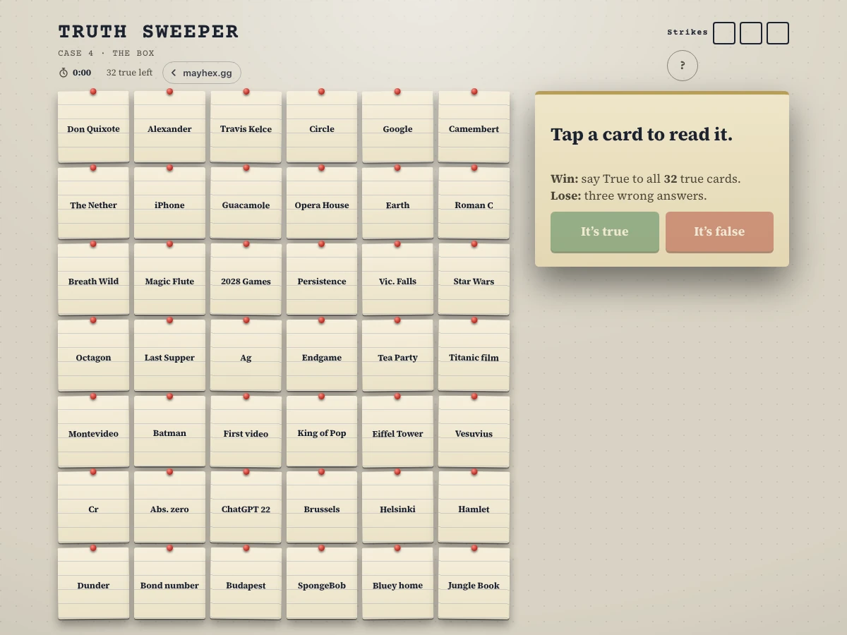 Truth Sweeper's untouched daily board with unrevealed statement cards, zero strikes and the True and False controls