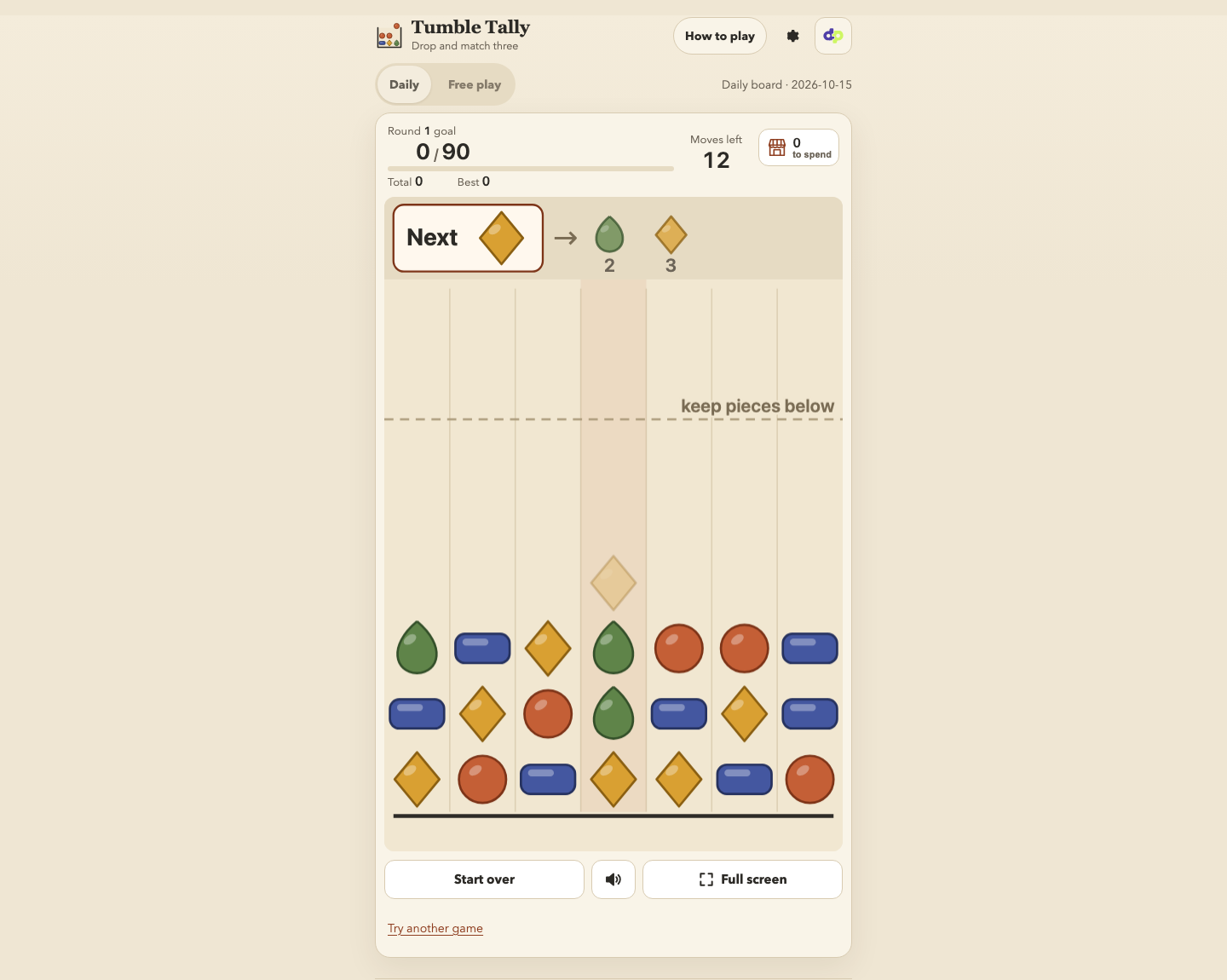Unplayed Tumble Tally daily board dated 2026-10-15 with seven columns, the next three shapes, zero points and 12 moves.