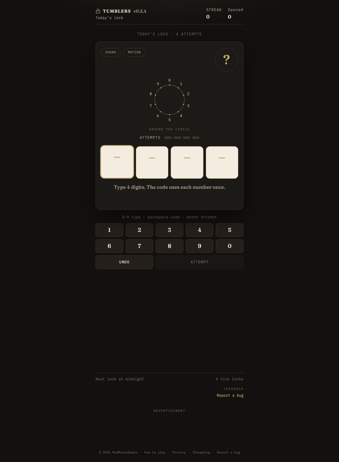 Tumblers' untouched daily lock with digits around a circle, four empty attempt markers and a numeric keypad
