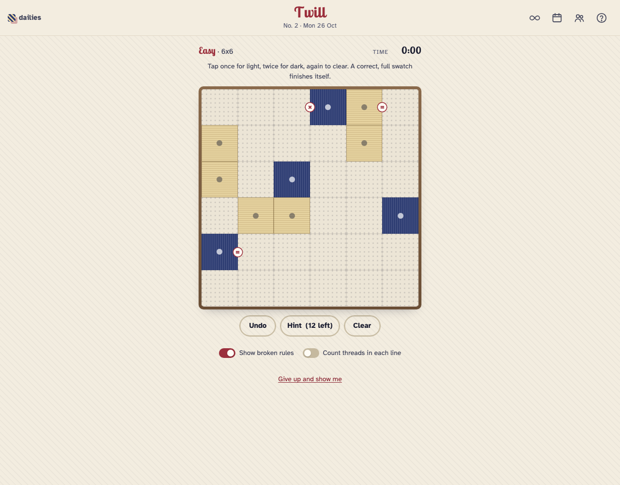 Twill’s unsolved Easy six-by-six swatch with initial light and dark threads, equality and cross markers, a zeroed timer and hint controls.