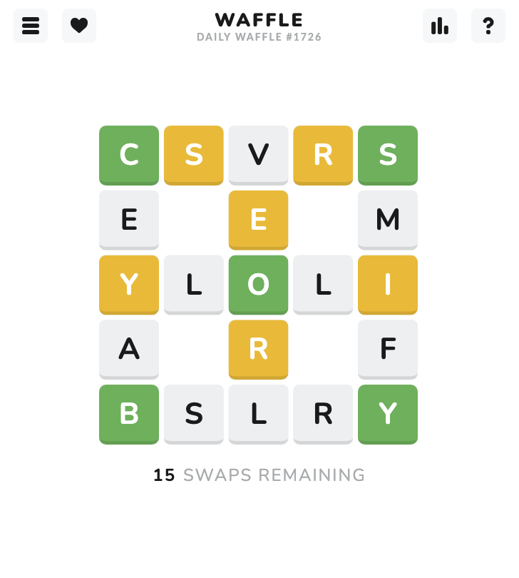 Unsolved Daily Waffle grid with green, yellow and gray letters and 15 swaps remaining