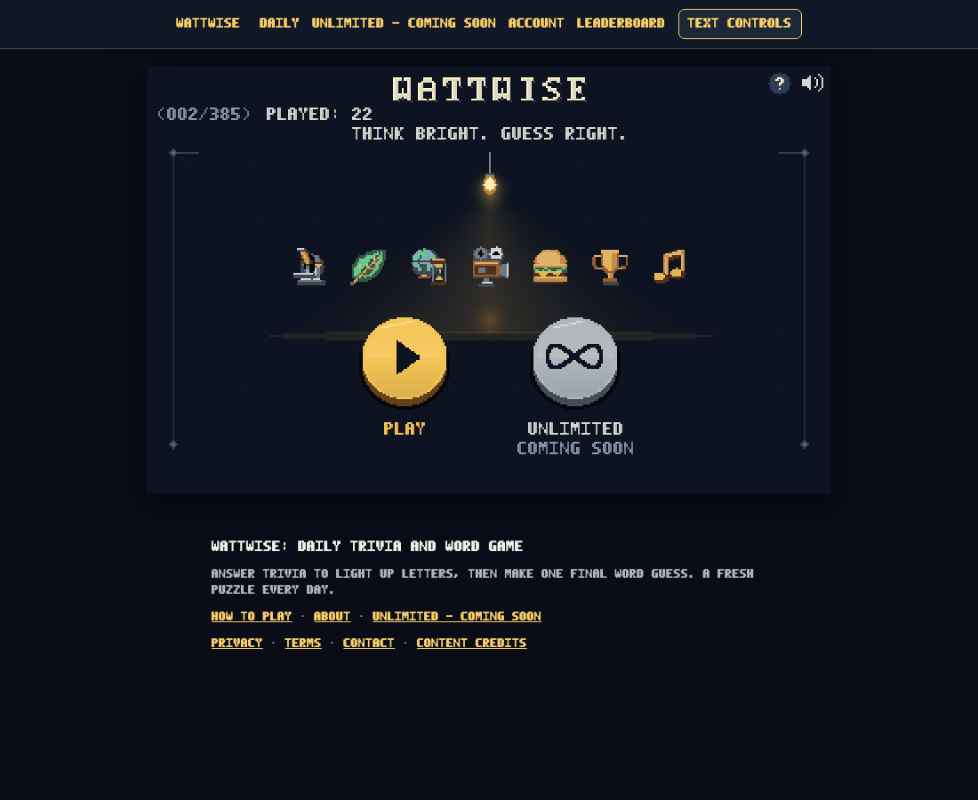 Wattwise’s untouched daily start screen with a yellow Play button and grey Unlimited coming-soon button