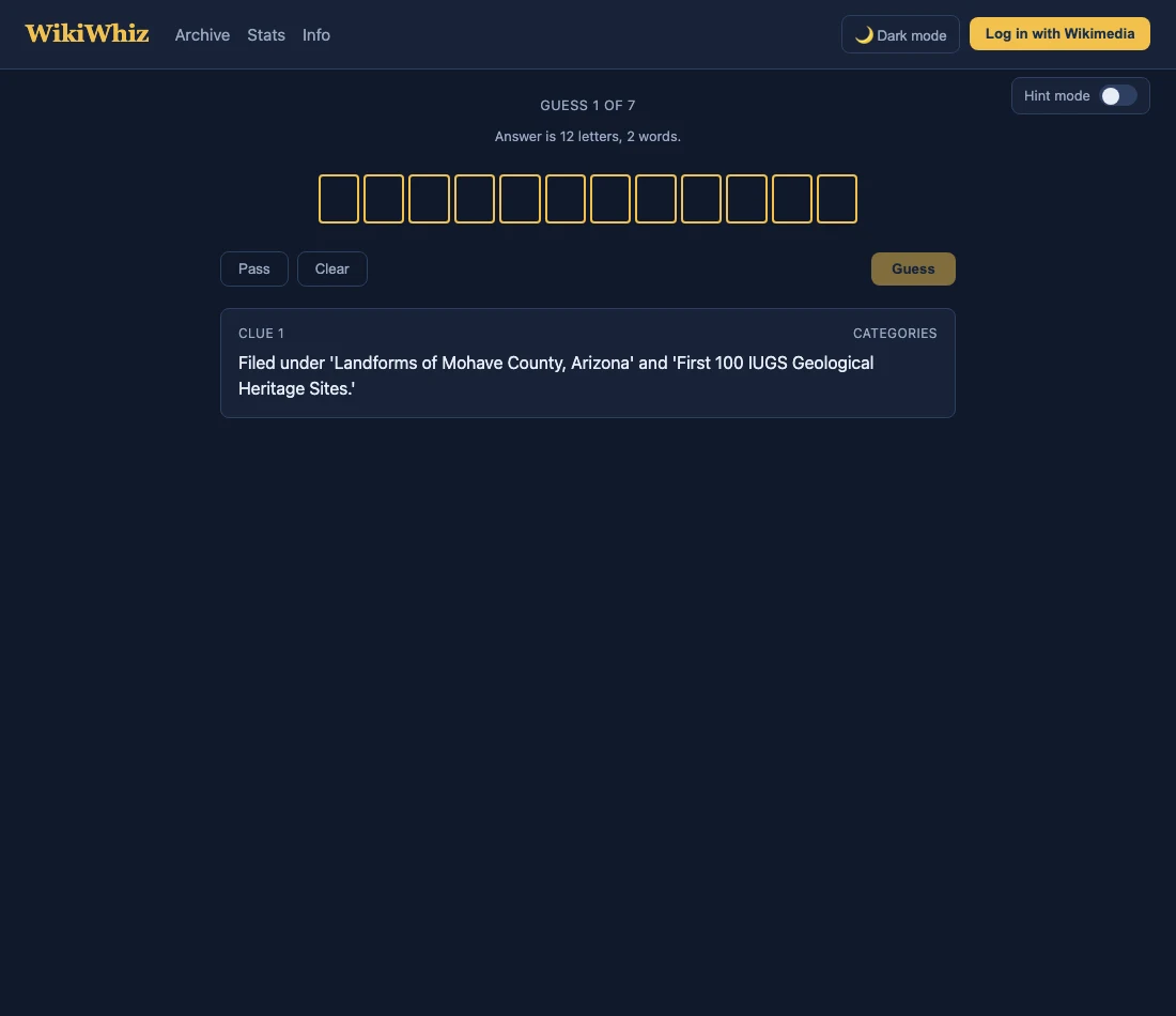 WikiWhiz's unsolved first guess with twelve empty title tiles and a Wikipedia category clue on a dark background