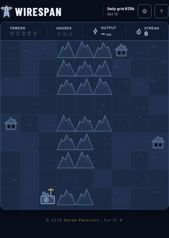Unsolved Wirespan terrain grid with a power plant, three unlit houses and no player-built towers