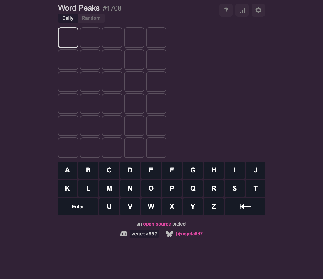 Unsolved Word Peaks daily puzzle with six empty rows and its alphabetical on-screen keyboard
