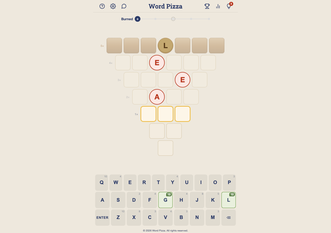 Unanswered Word Pizza board with five growing word rows, fixed pepperoni letters, zero score and full on-screen keyboard.