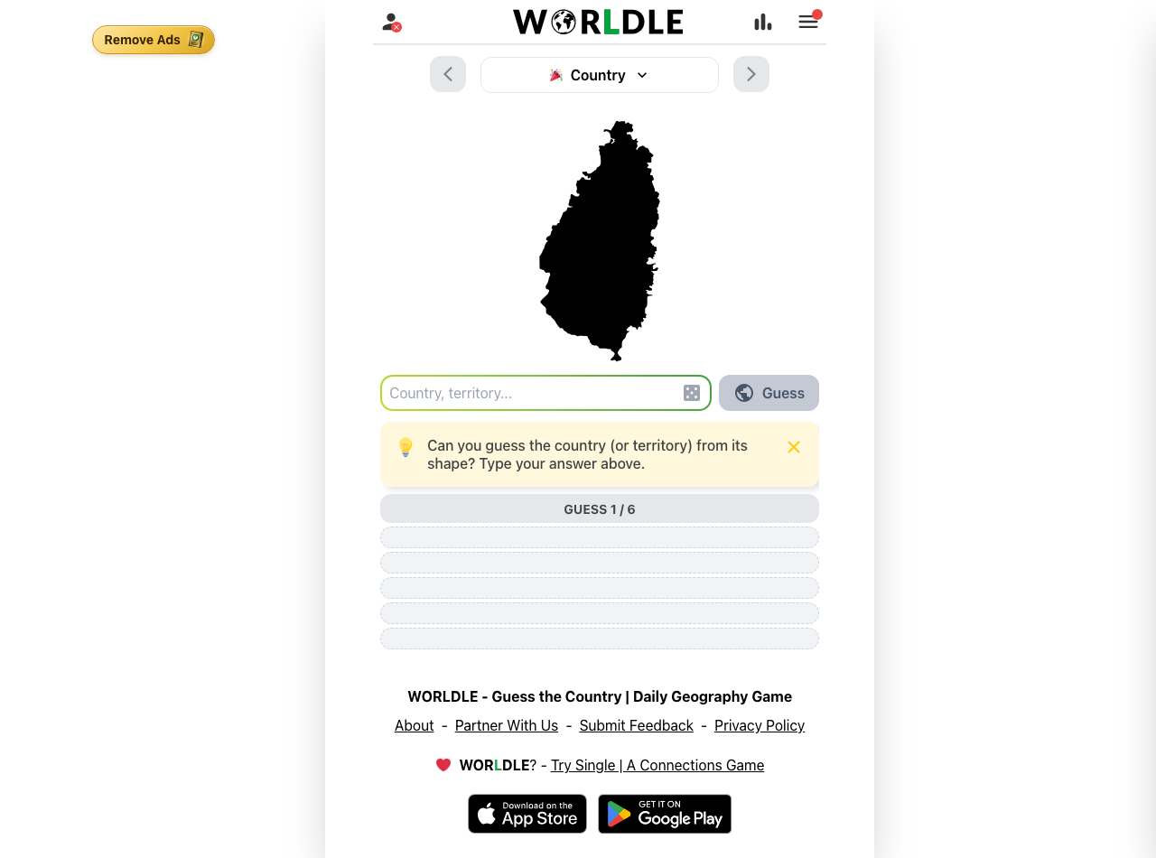 Worldle daily Country round with an unidentified black silhouette, an empty country entry, a Guess button and six unfilled guess rows.