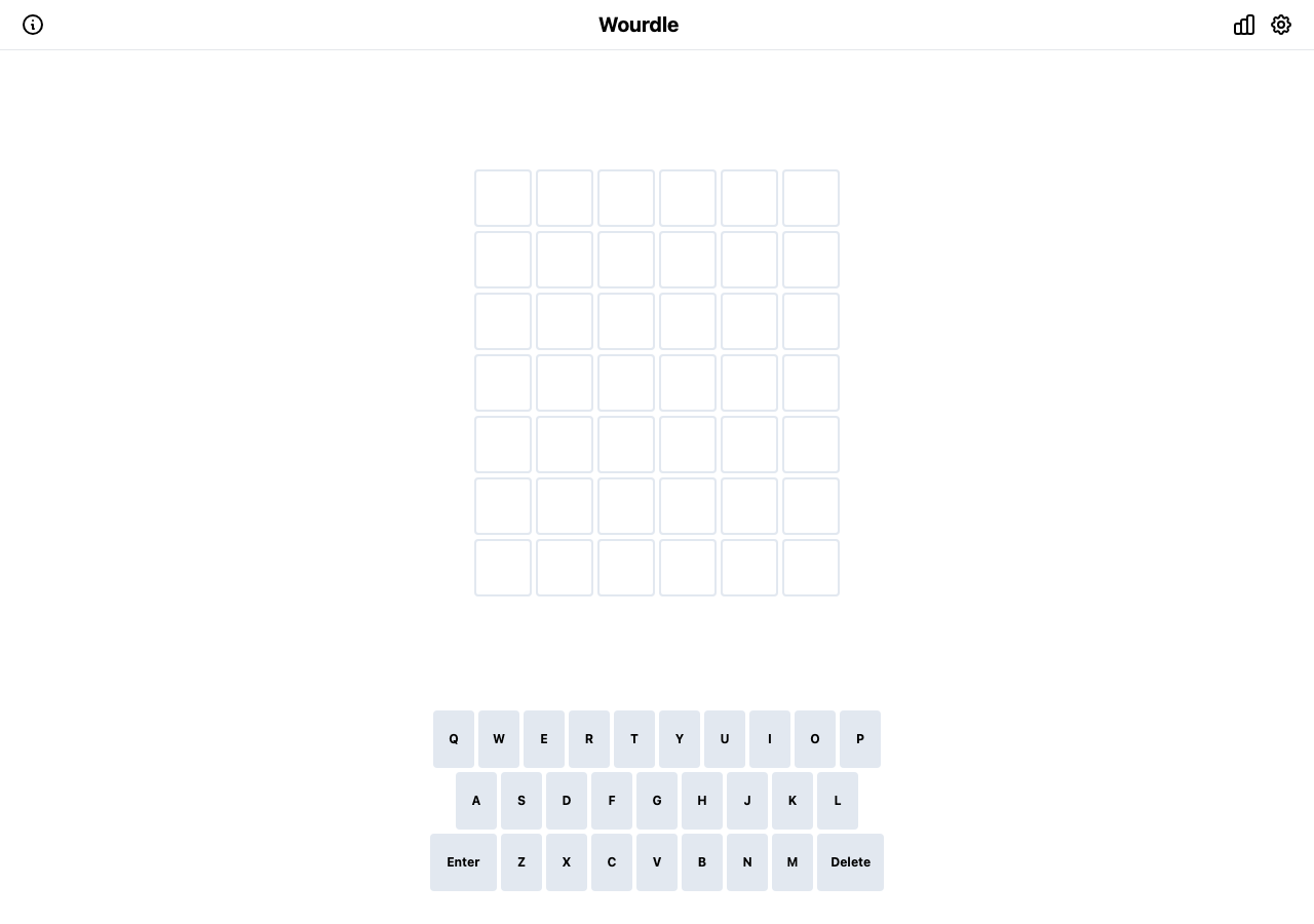Wourdle before any guesses, with an empty seven-row, six-column board and the full on-screen keyboard.